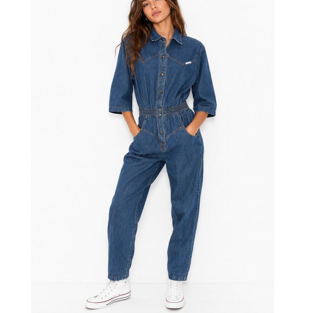 Vintage 80's Denim Jumpsuit By Dreams 100% Cotton 3/4 Sleeve Snap Front Size M